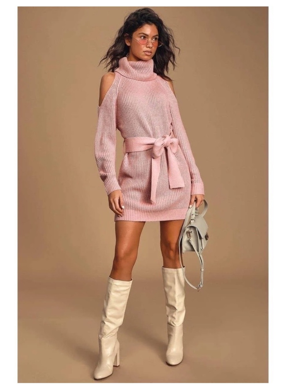 Lulus Women’s Sweet Demeanor Pink Turtleneck Cold-Shoulder Sweater Dress Small